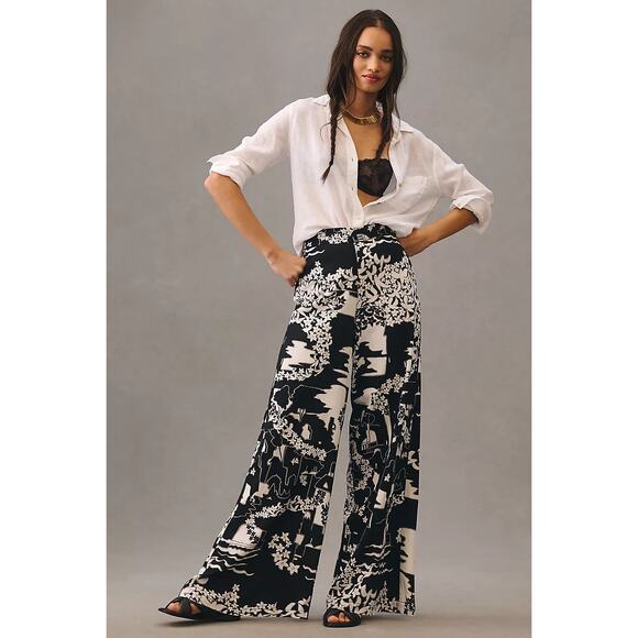 Anthropologie Pants - New ANTHROPOLOGIE Tiny Anne Printed Wide-Leg Pants $160 SIZE 2 Black Motif